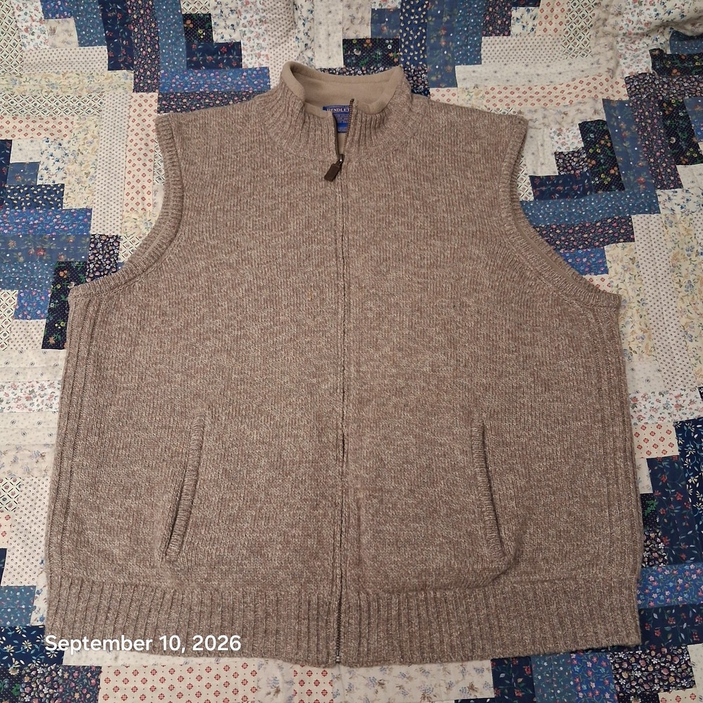 Pendleton Mens XL Full Zip Shetland Wool Vest Fleece Lined Tan Brown Sweater